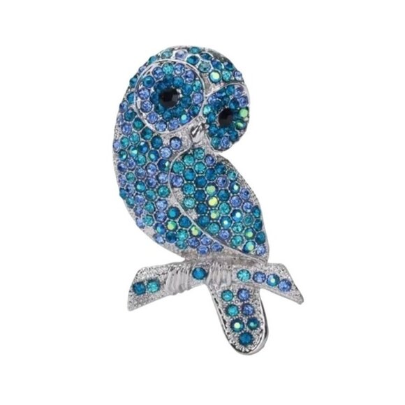 Sparkling Crystal Owl Brooch Pin Blue & Silver Tone - Picture 1 of 2